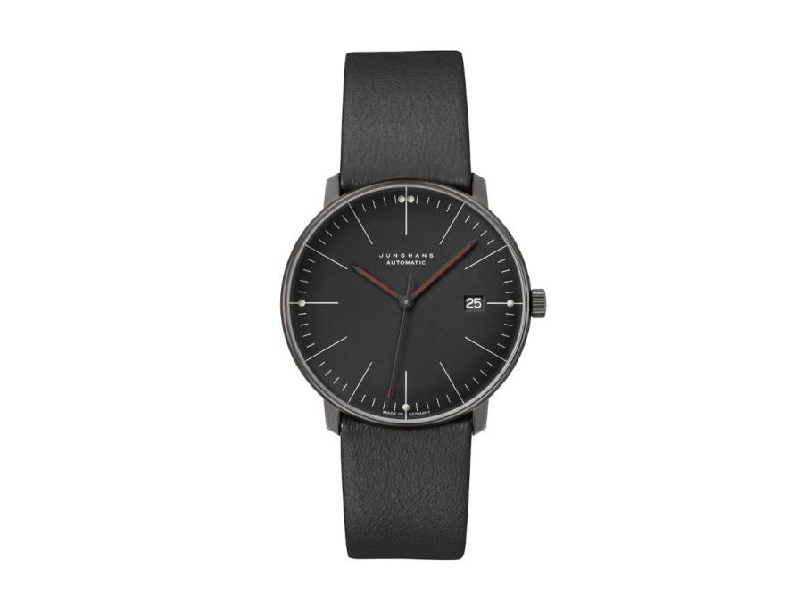 Max Bill Automatic Bauhaus Edelstahl 38mm schwarzes Zifferblatt schwarzes Lederband