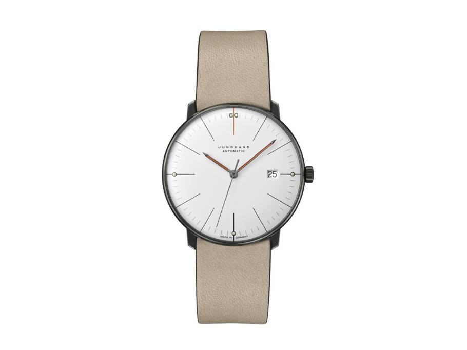 Max Bill Automatic Edition 60 Edelstahl PVD-Grau 38mm weißes Zifferblatt beiges Lederband 