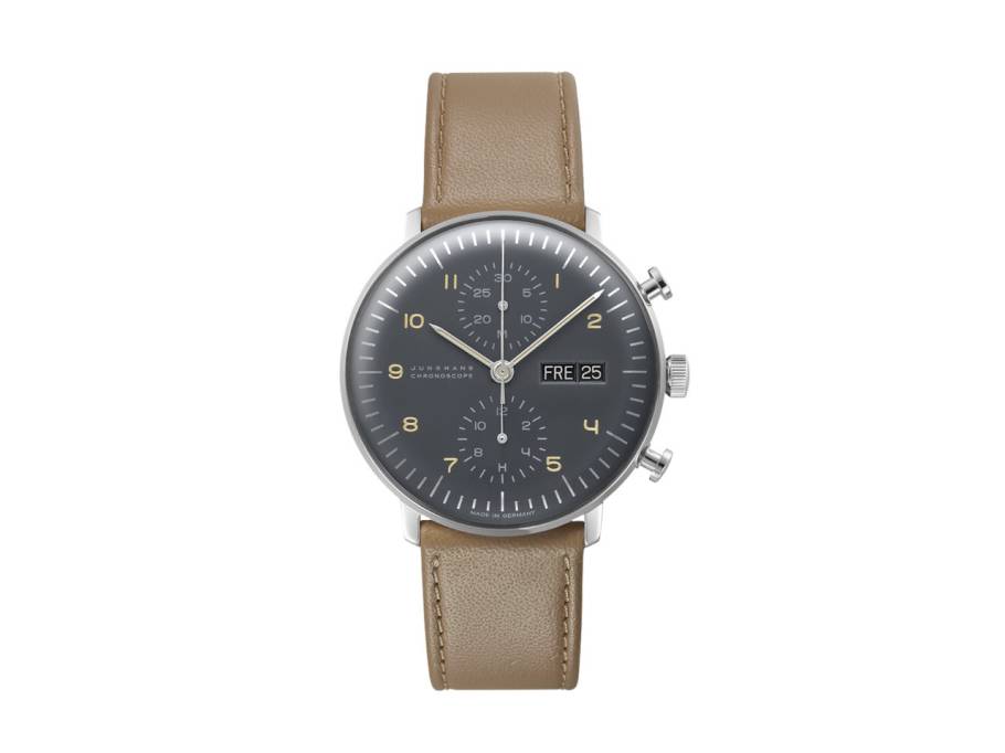 Max Bill Chronoscope Automatik Edelstahl 40mm graues Zifferblatt braunes Lederband
