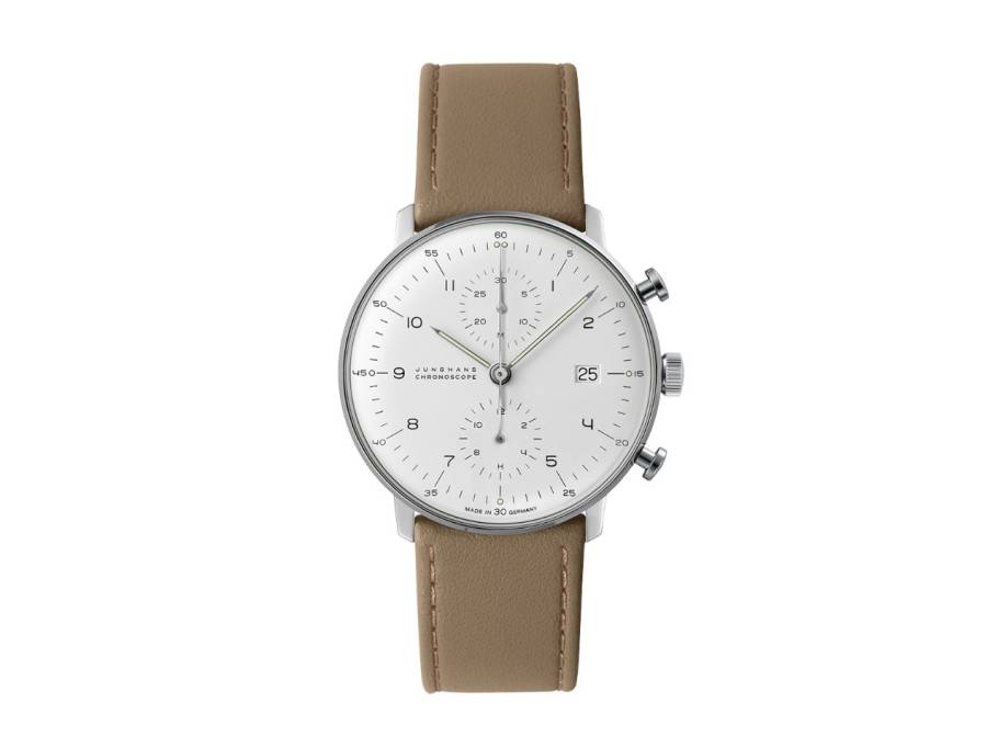 Max Bill Chronoscope Automatik Edelstahl 40mm silbernes Zifferblatt braunes Lederband