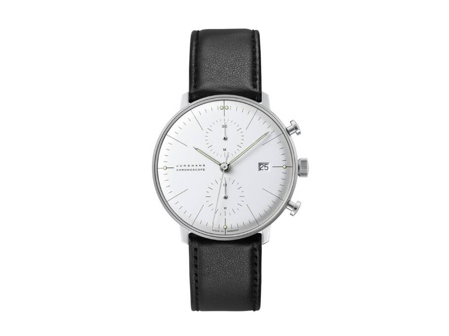 Max Bill Chronoscope Automatik Edelstahl 40mm silbernes Zifferblatt schwarzes Lederband