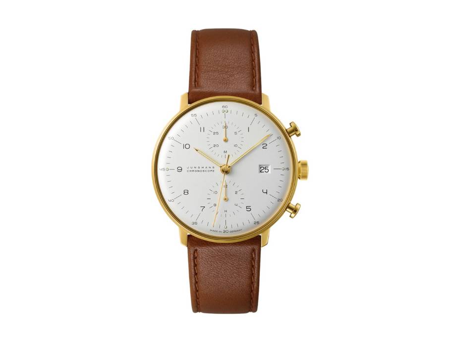 Max Bill Chronoscope Automatik Edelstahl PVD-Gelbgold 40mm weißes Zifferblatt braunes Lederband