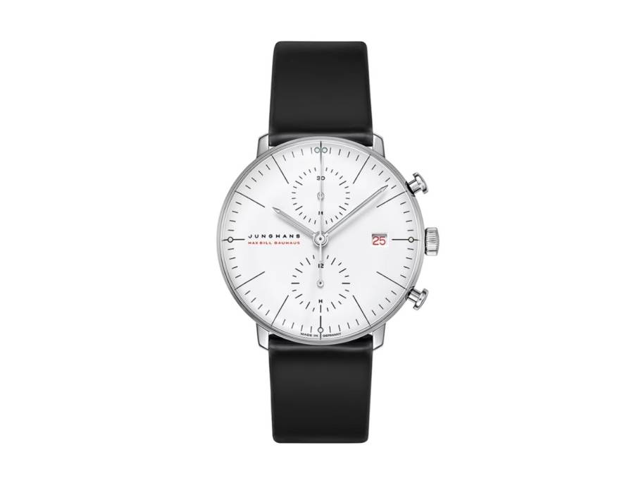 Max Bill Chronoscope Automatik Weißgold 40mm weißes Zifferblatt schwarzes Lederband