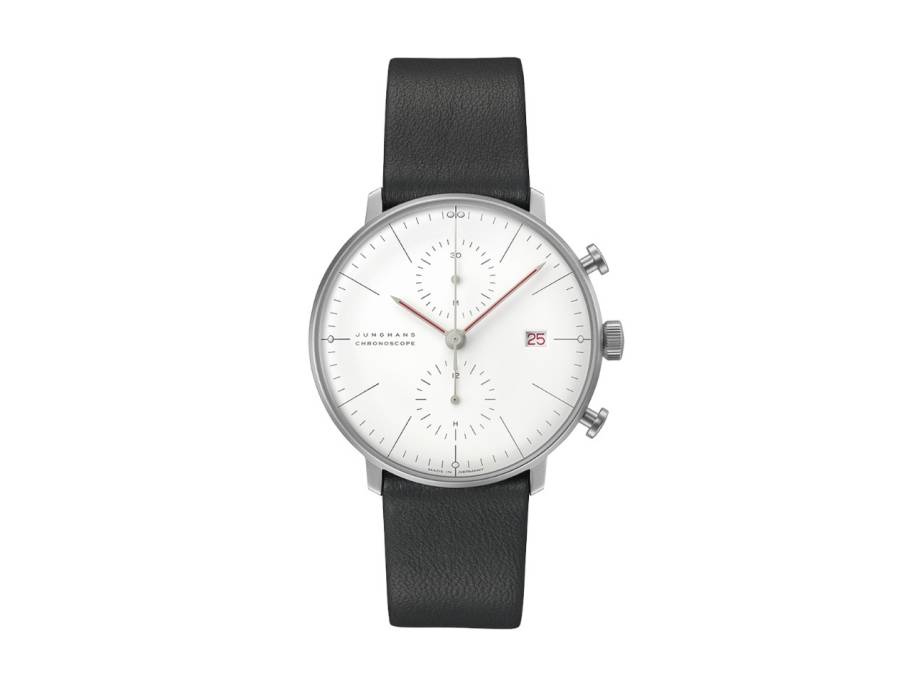 Max Bill Chronoscope Bauhaus Automatik Edelstahl 40mm weißes Zifferblatt schwarzes Lederband