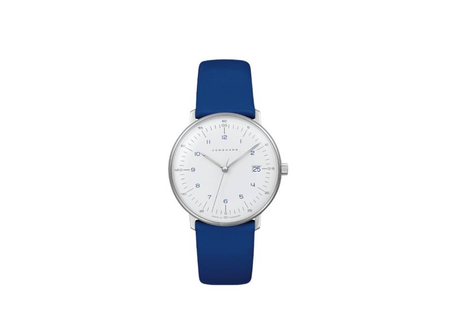 Max Bill Damen Quarz Edelstahl 33mm weißes Zifferblatt blaues Lederband