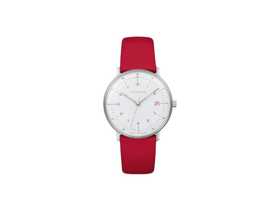 Max Bill Damen Quarz Edelstahl 33mm weißes Zifferblatt rotes Lederband