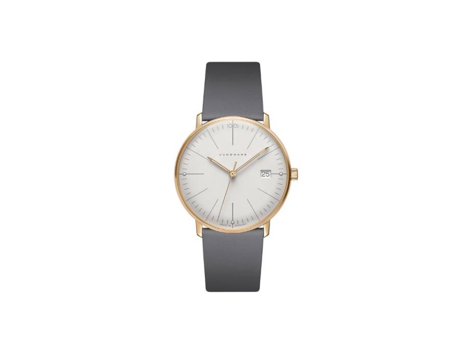 Max Bill Quarz Edelstahl PVD-Gelbgold 33mm graues Zifferblatt graues Lederband