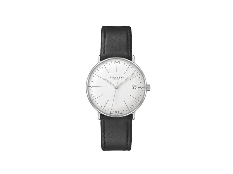 Max Bill Kleine Automatic Edelstahl 34mm silbernes Zifferblatt schwarzes Lederband