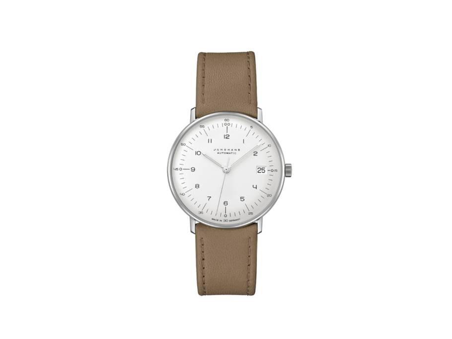 Max Bill Kleine Automatic Edelstahl 34mm silbernes Zifferblatt braunes Lederband