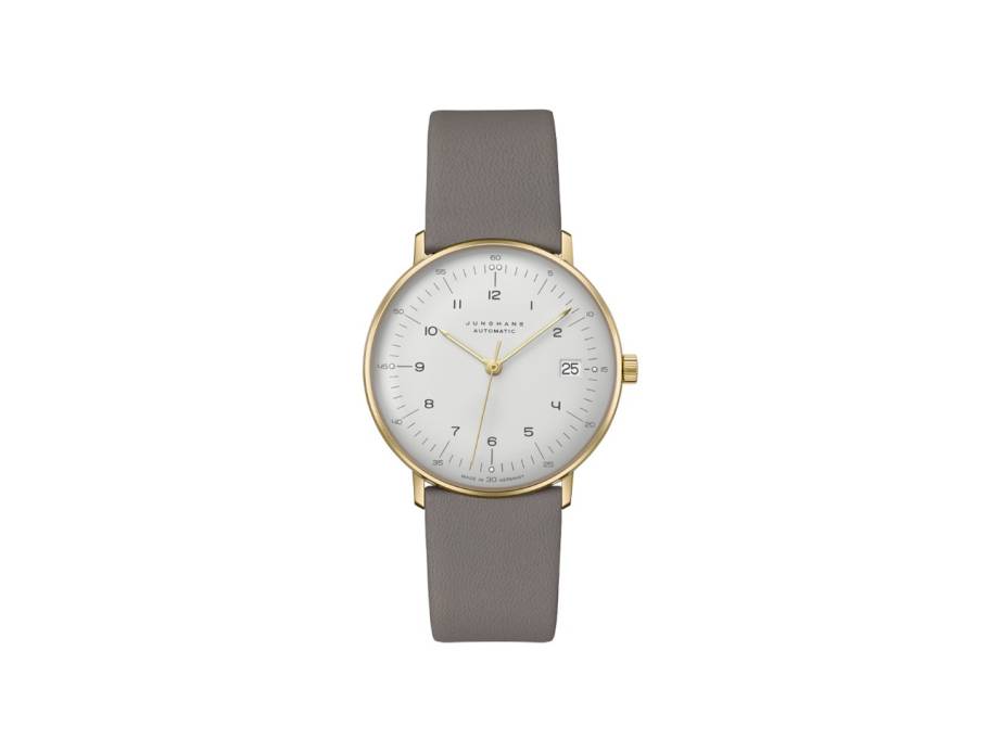 Max Bill Automatic Edelstahl PVD-Gelbgold 34mm graues Zifferblatt graues Lederband