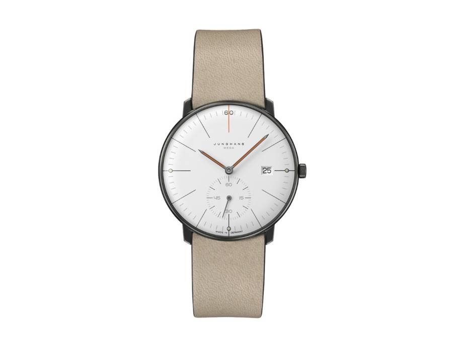 Max Bill MEGA Kleine Sekunde Edition 60 Funkuhr Edelstahl PVD-Grau 38mm weißes Zifferblatt beiges Lederband 
