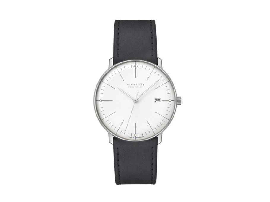 Max Bill MEGA Solar Funkuhr Titan 38mm weißes Zifferblatt schwarzes Lederband