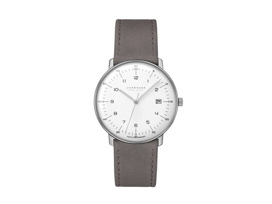 Max Bill MEGA Solar Funkuhr Titan 38mm weißes Zifferblatt graues Lederband