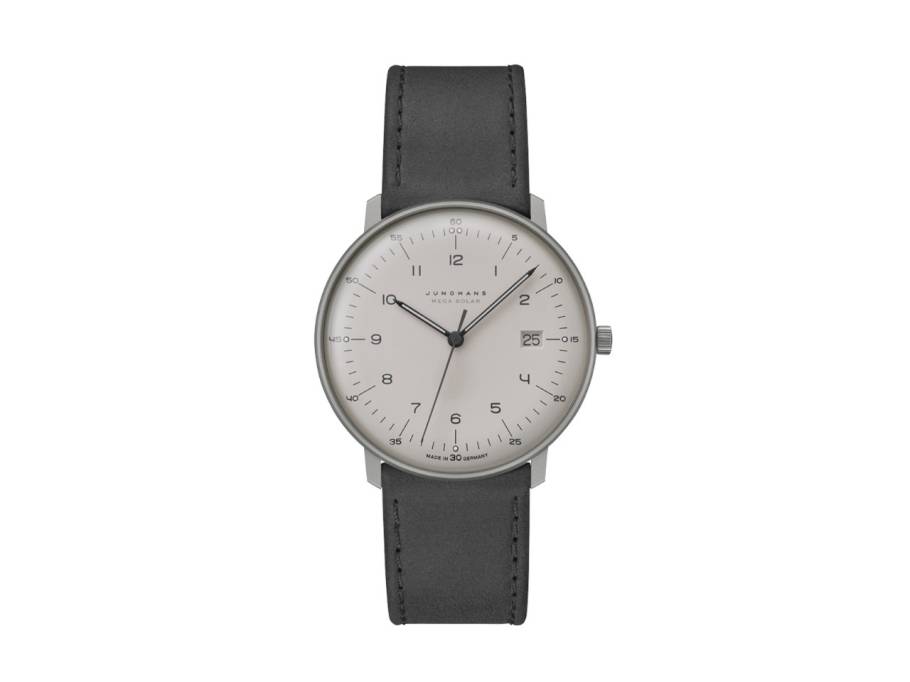 Max Bill MEGA Solar Funkuhr Titan 38mm silbernes Zifferblatt braunes Lederband