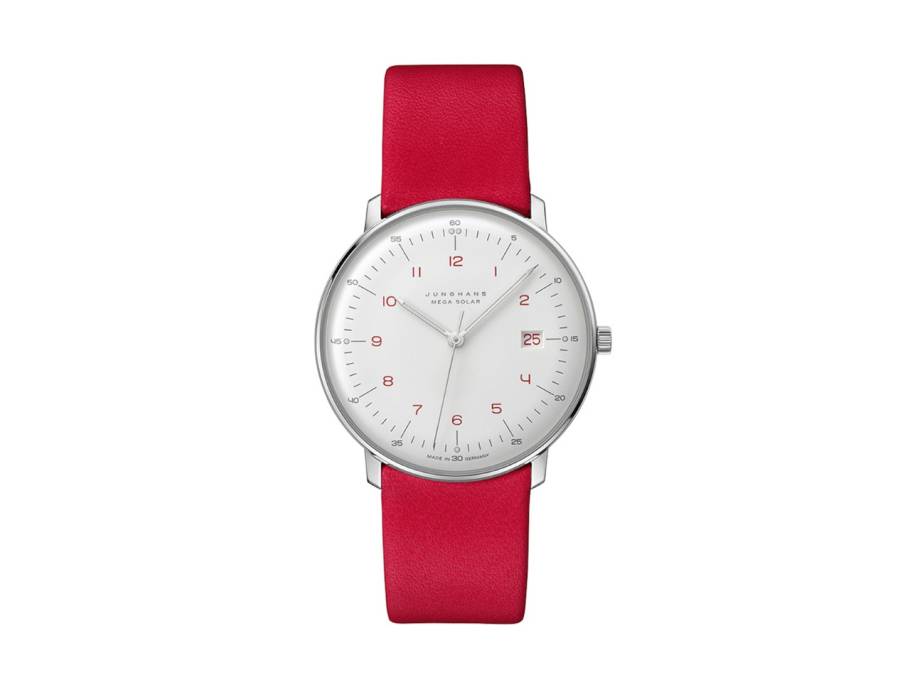 Max Bill MEGA Solar Funkuhr Edelstahl 38mm weißes Zifferblatt rotes Lederband