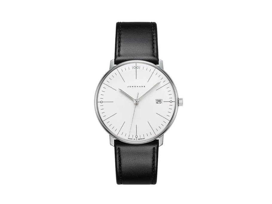 Max Bill Quarz Edelstahl 38mm weißes Zifferblatt schwarzes Lederband