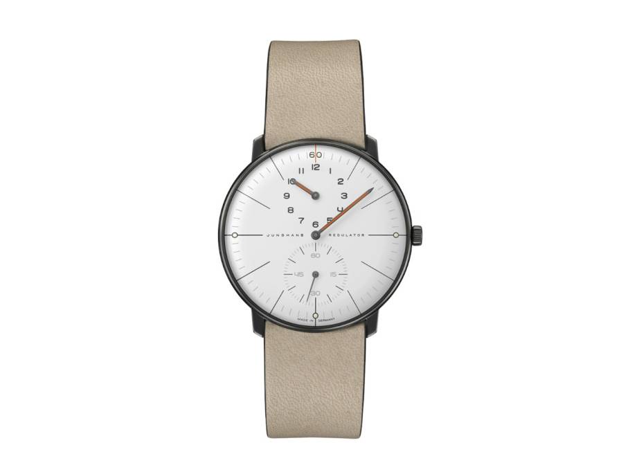 Max Bill Regulator Edition 60 Automatik Edelstahl PVD-Grau 38mm weißes Zifferblatt beiges Lederband 
