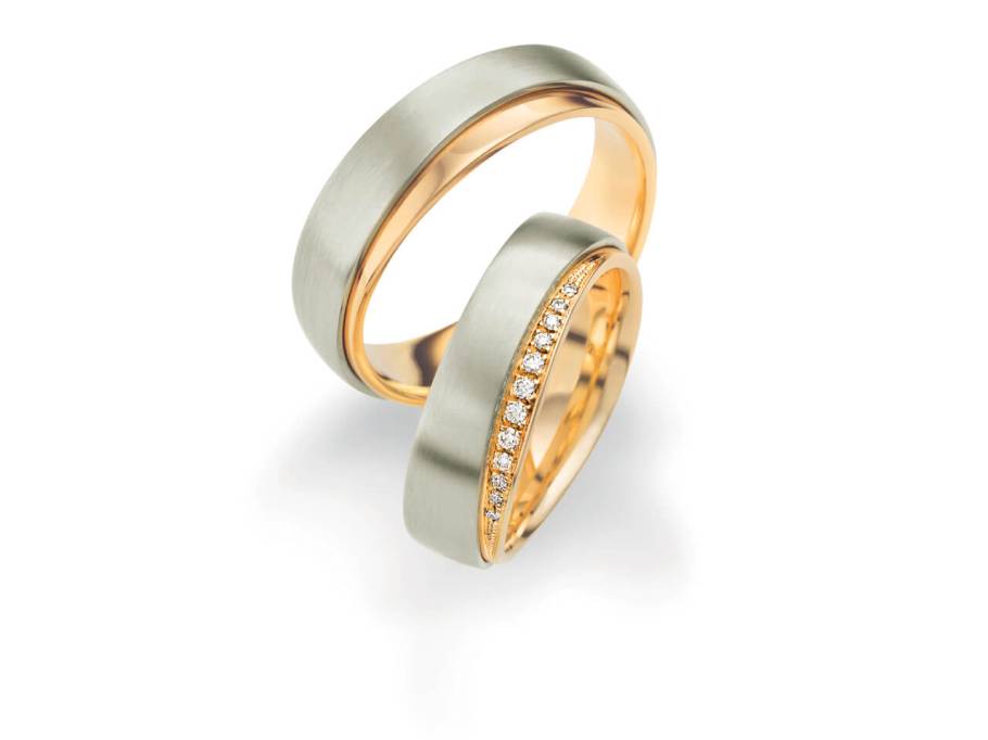 Trauring Paar Weißgold und Roségold 6,5mm gewölbt und Brillanten 0,080ct