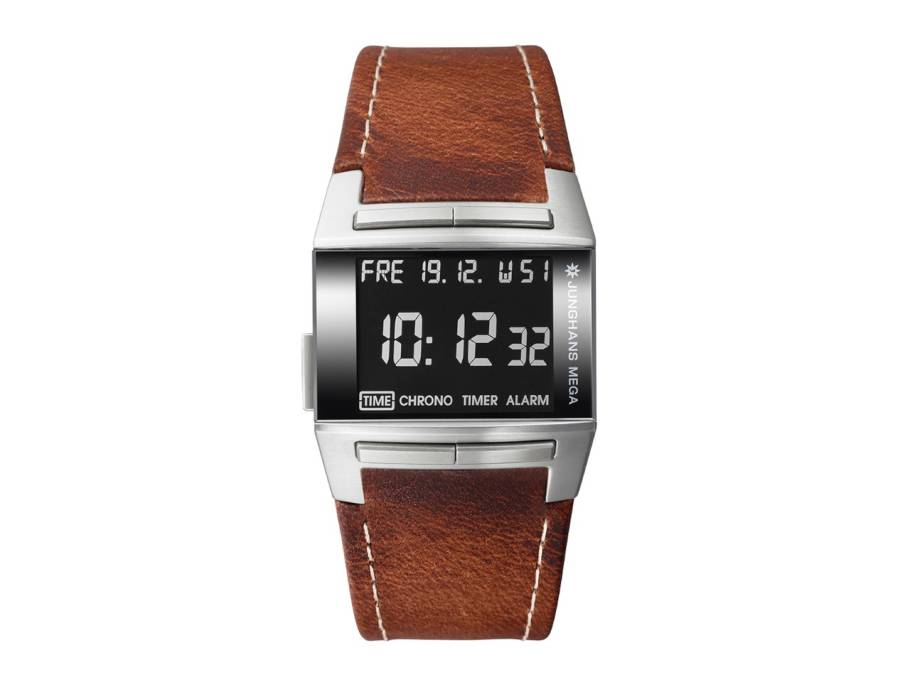 Mega 1000 Limited Edition Funkuhr Edelstahl 38x36mm digitales Zifferblatt braunes Lederband
