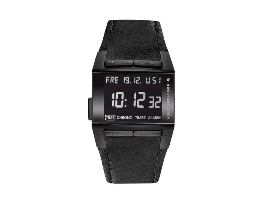Mega 1000 Limited Edition Funkuhr Edelstahl PVD-Schwarz 38x36mm digitales Zifferblatt schwarzes Lederband