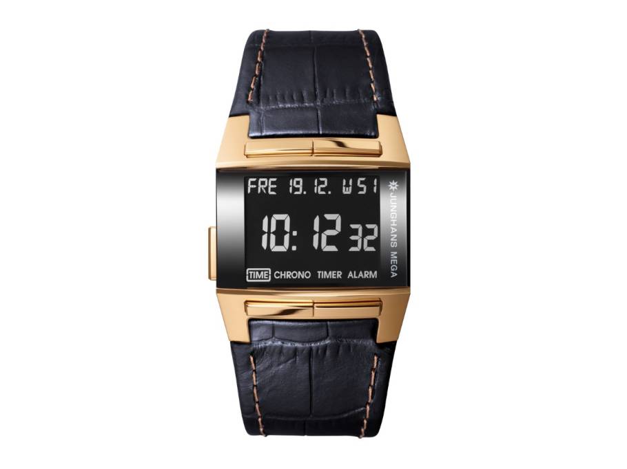 Mega 1000 Limited Edition Funkuhr Edelstahl PVD-Roségold 38x36mm digitales Zifferblatt schwarzes Lederband