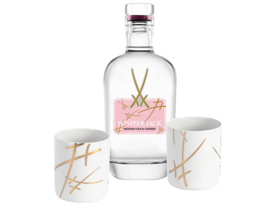  Geschenk Set Juniper Jack London Dry Gin Cherry, weiß-goldene Gin-Becher "Swords"