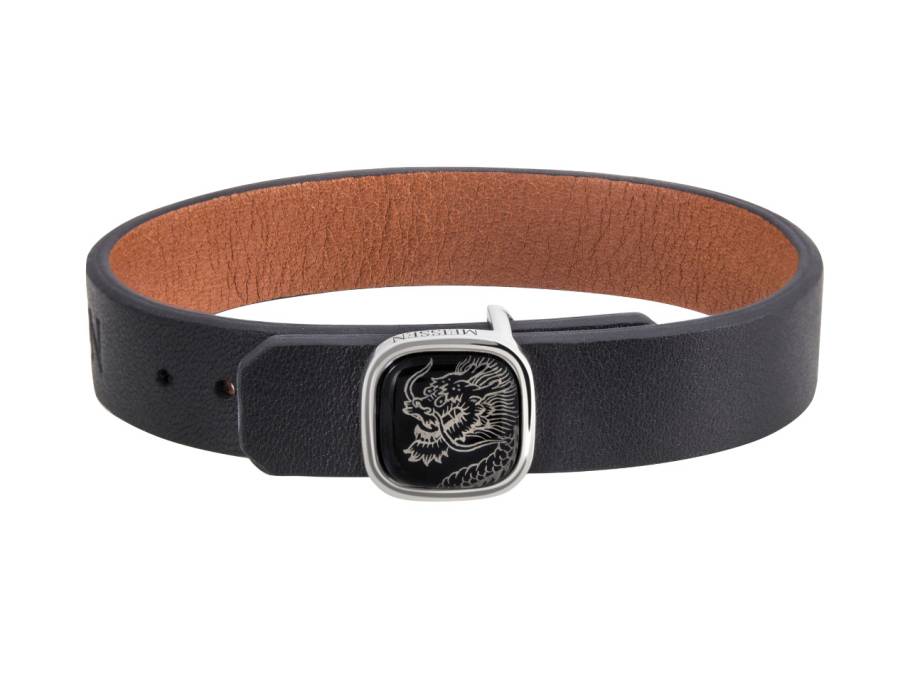 Herren Lederarmband Glücksdrache Silber schwarzes Porzellan