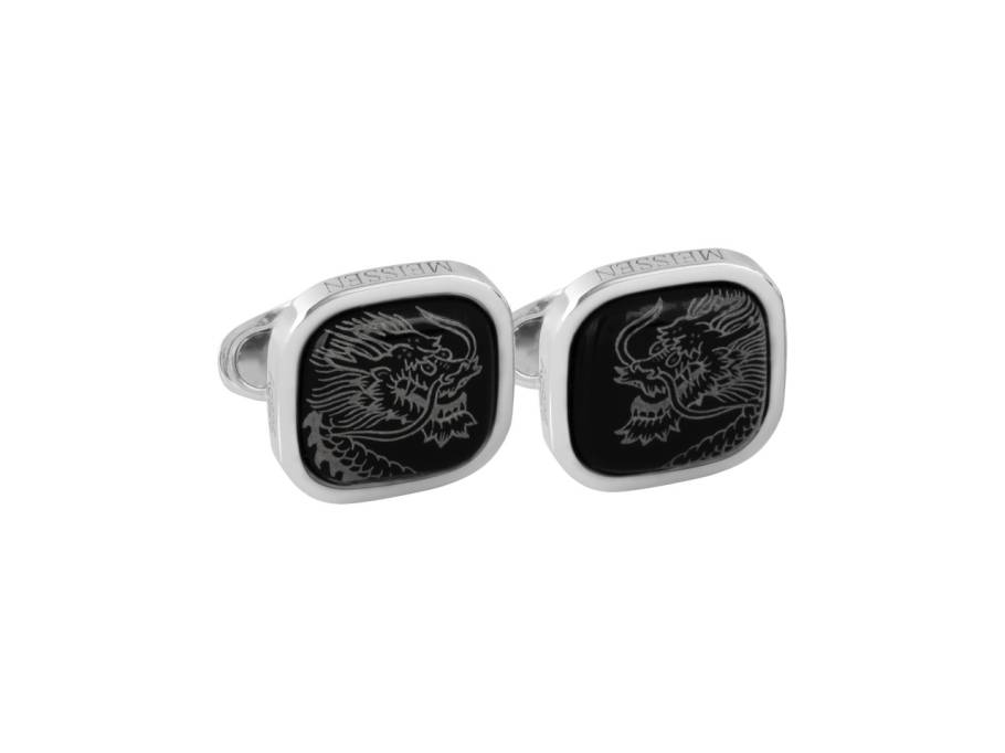 Herren Manschettenknöpfe Glücksdrache Silber schwarzes Porzellan