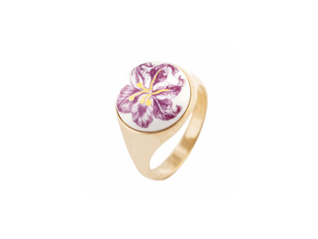 Siegelring "Lilie" Silber vergoldet Porzellan