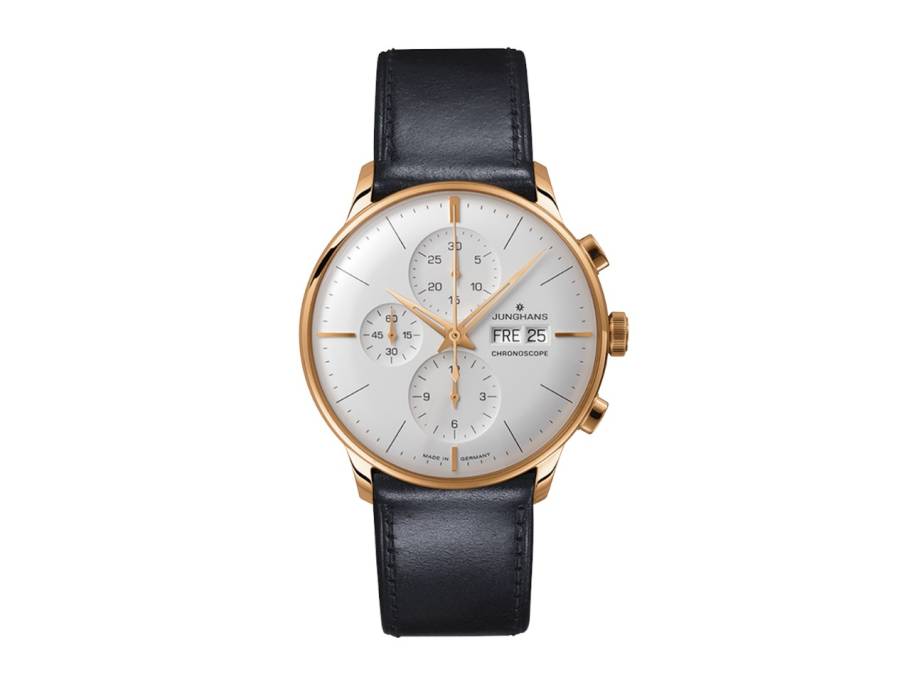 Meister Chronoscope Automatik Edelstahl Roségold-PVD 41mm versilbertes Zifferblatt schwarzes Lederband