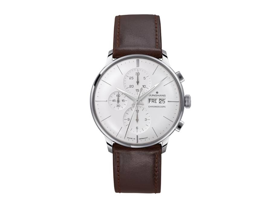 Meister Chronoscope Automatik Edelstahl 41mm versilbertes Zifferblatt braunes Lederband