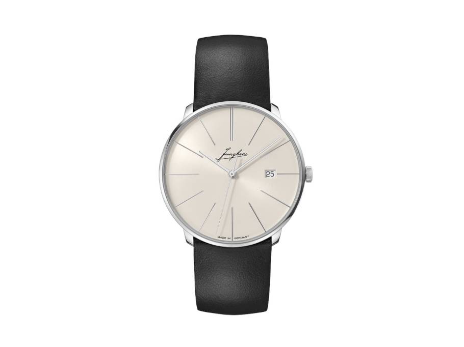 Meister fein Kleine Automatic Edelstahl 39mm weißes Zifferblatt schwarzes Lederband