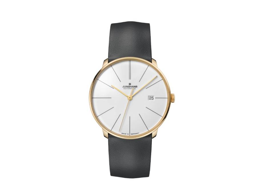 Meister fein Automatic Edelstahl PVD-Gelbgold 39mm weißes Zifferblatt schwarzes Lederband