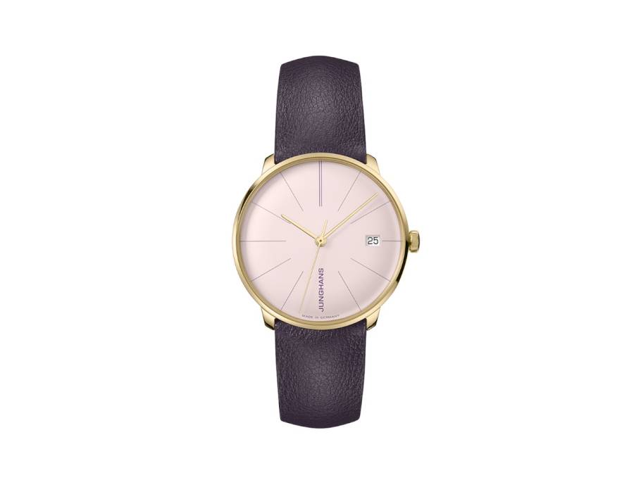 Meister fein Kleine Automatic Edelstahl PVD-Gelbgold 35mm rosa Zifferblatt auberginefarbenes Lederband