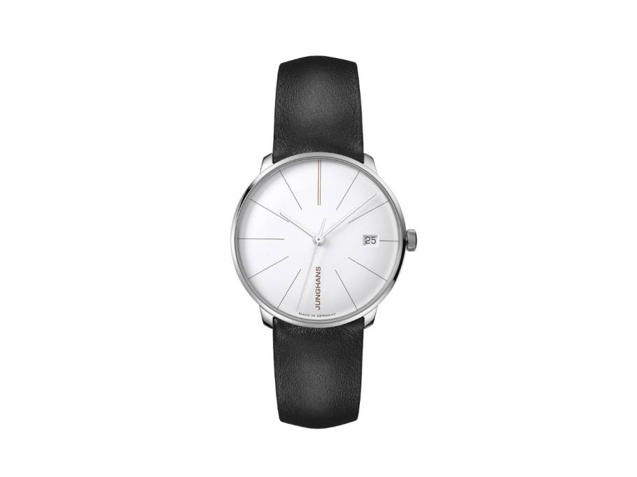 Meister fein Kleine Automatic Edelstahl 35mm weißes Zifferblatt schwarzes Lederband