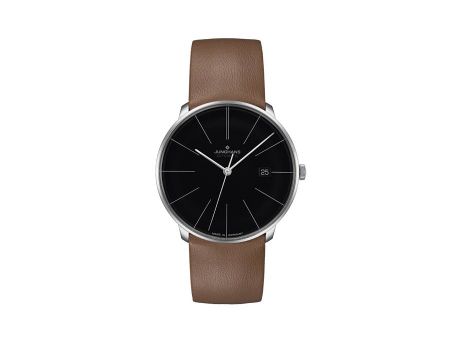 Meister fein Automatic Edelstahl 39mm schwarzes Zifferblatt braunes Lederband