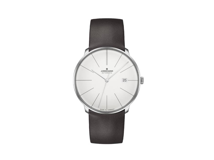 Meister fein Automatic Edelstahl 39mm silbernes Zifferblatt schwarzes Lederband