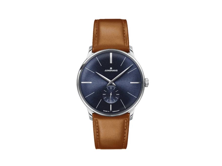 Meister Handaufzug Edelstahl 38mm blaues Zifferblatt braunes Lederband