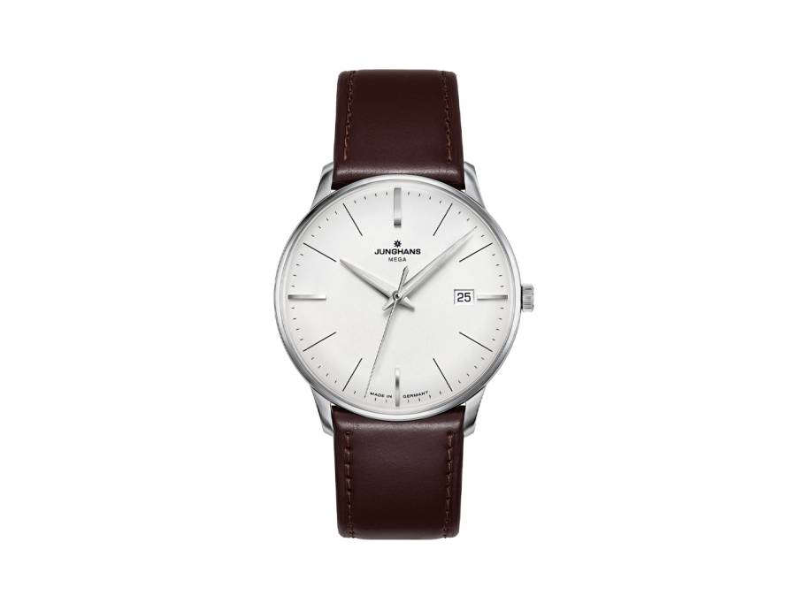 Meister Mega Funkuhr Edelstahl 38mm silbernes Zifferblatt braunes Lederband