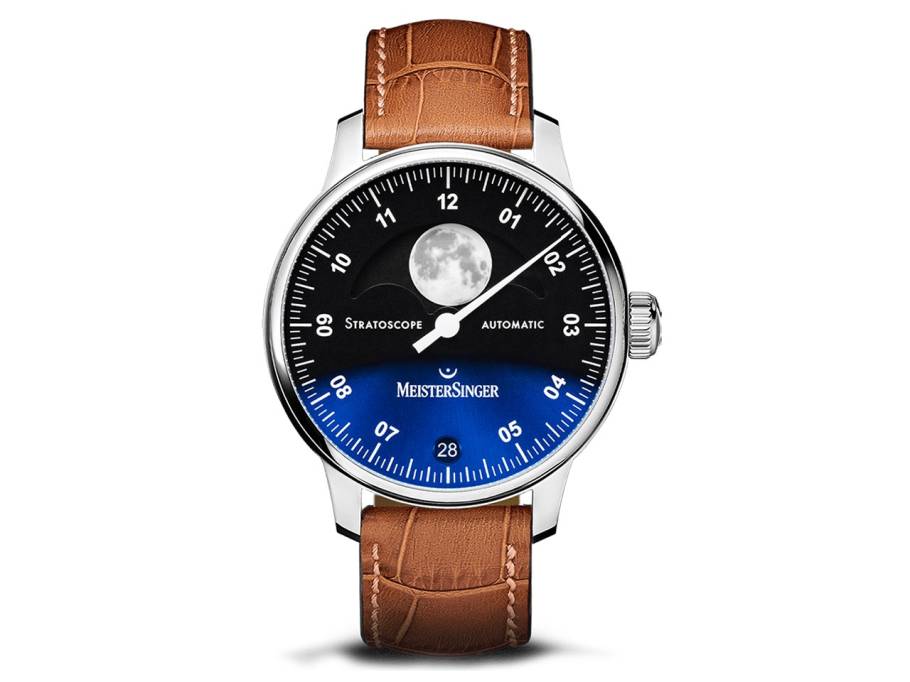 Stratoscope Automatik Edelstahl blaues Zifferblatt cognac Lederband