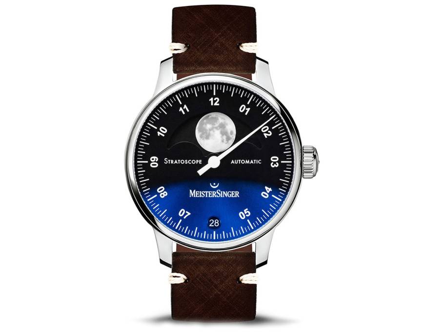 Stratoscope Automatik Edelstahl blaues Zifferblatt braunes Lederband