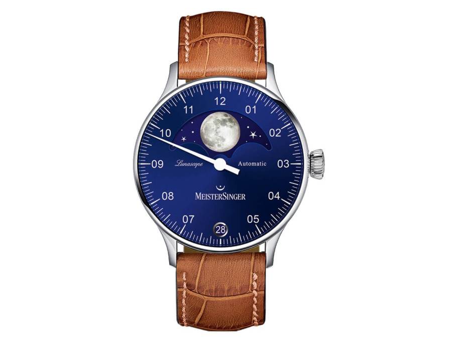 Lunascope Automatik Edelstahl blaues Zifferblatt, braunes Lederband