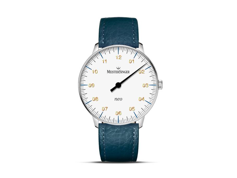 Neo Automatik Edelstahl 36mm weißes Zifferblatt blaues Lederband