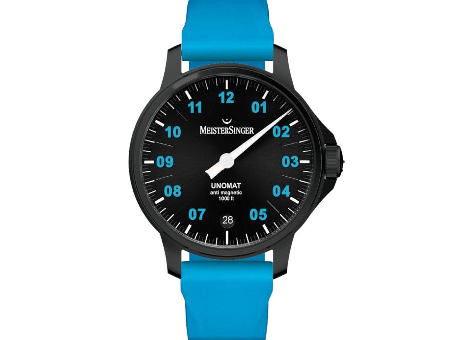 Unomat Automatik Edelstahl 43mm schwarzes Zifferblatt blaues Kautschukband limitiert