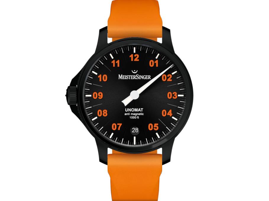 Unomat Automatik Edelstahl 43mm schwarzes Zifferblatt orangefarbenes Kautschukband limitiert