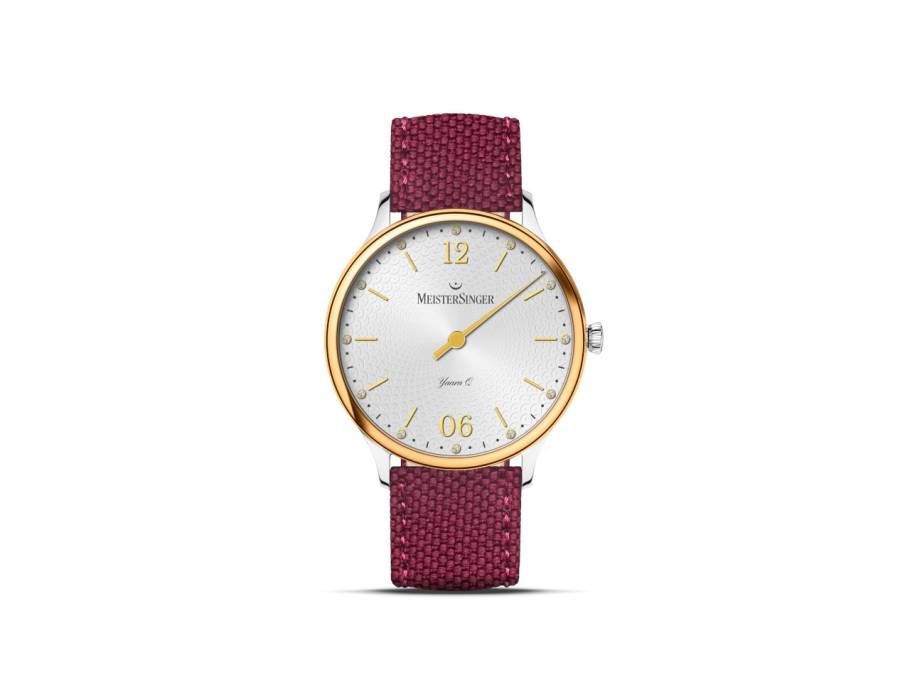 Yaara Quarz Edelstahl 36mm silbernes Zifferblatt rotes Textilband