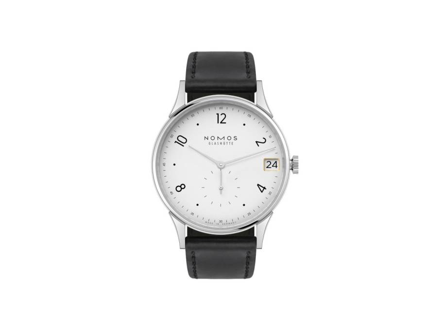 Minimatik 39 Datum Handaufzug Edelstahl weißes Zifferblatt schwarzes Lederband