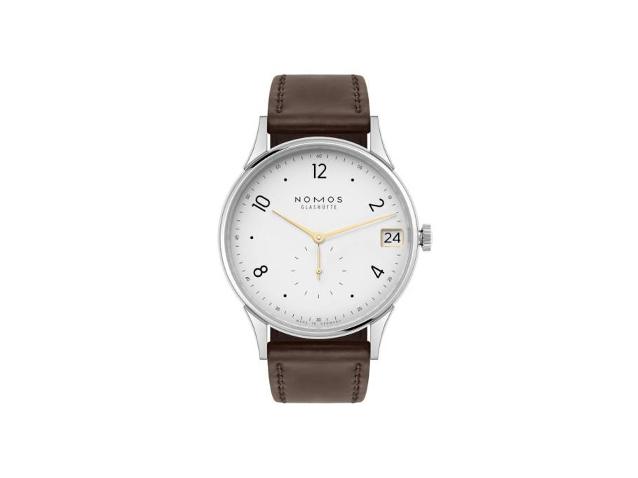 Minimatik 39 Datum Handaufzug Edelstahl weißes Zifferblatt braunes Lederband