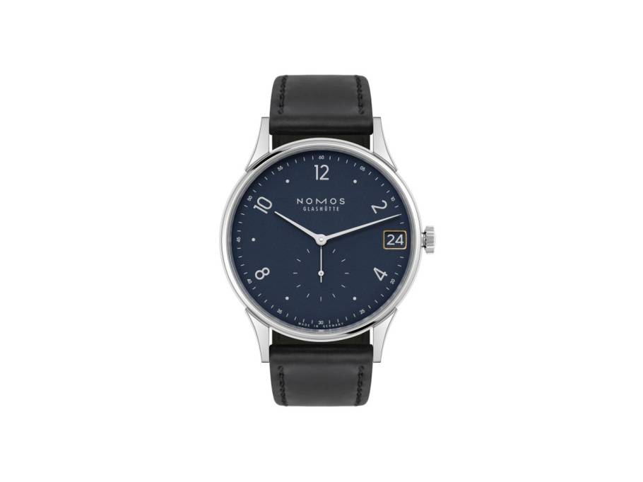 Minimatik 39 Datum Handaufzug Edelstahl blaues Zifferblatt schwarzes Lederband