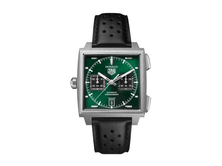 Monaco Chronograph Automatik Titan 39mm grünes Zifferblatt schwarzes Lederband